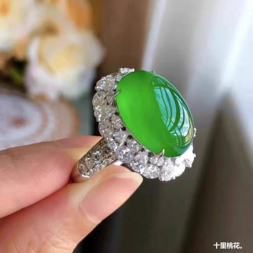 冰種正陽綠翡翠蛋面戒指18K金鑲嵌女款玉髓緬甸天然翡翠戒指送禮