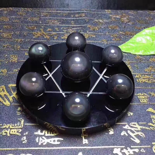 天然黑曜石七星陣擺件 黑曜石水晶球擺件 黑色水晶球家居客厛