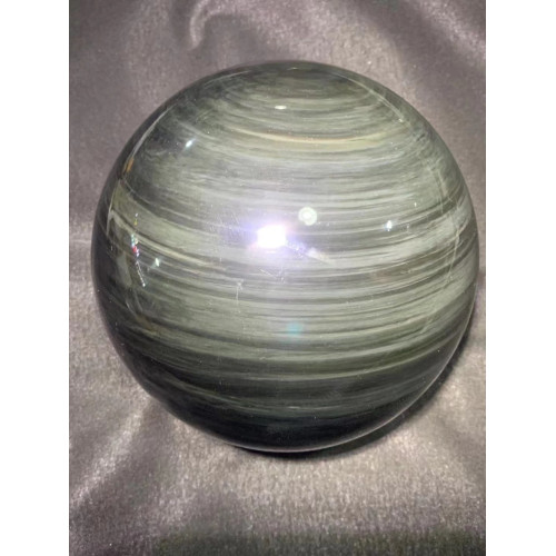 正品墨西哥天然黑曜石風水球貓眼雙彩虹水晶擺件鎮宅辦公手把件