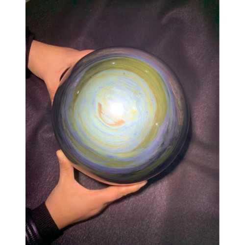 正品墨西哥天然黑曜石風水球貓眼雙彩虹水晶擺件鎮宅辦公手把件