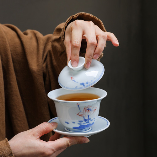 純手繪手作三才蓋碗荷韻竹子陶瓷功夫泡茶碗茶盃敬羊脂玉茶碗批髮