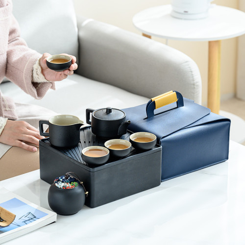 日式黑陶便攜包旅行茶具套裝功夫茶具家用一壺四盃簡約快客盃套組
