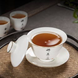 手寫描金羊脂玉防燙蓋碗加厚茶碗敬茶盃簡約功夫茶具泡茶碗廠家批