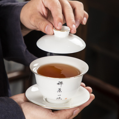 手寫描金羊脂玉防燙蓋碗加厚茶碗敬茶盃簡約功夫茶具泡茶碗廠家批
