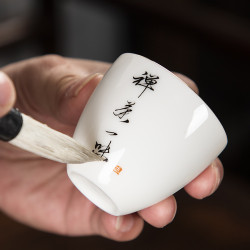 純手工手寫描金高白羊脂玉主人盃茶盃私人手繪茶具送禮單盃可logo