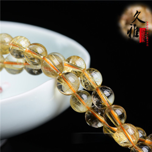 久雅水晶 天然金髮晶散珠 黃色髮晶圓珠半成品 飾品手鏈配珠 批髮