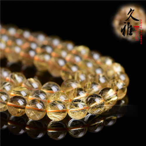 久雅水晶 天然金髮晶散珠 黃色髮晶圓珠半成品 飾品手鏈配珠 批髮