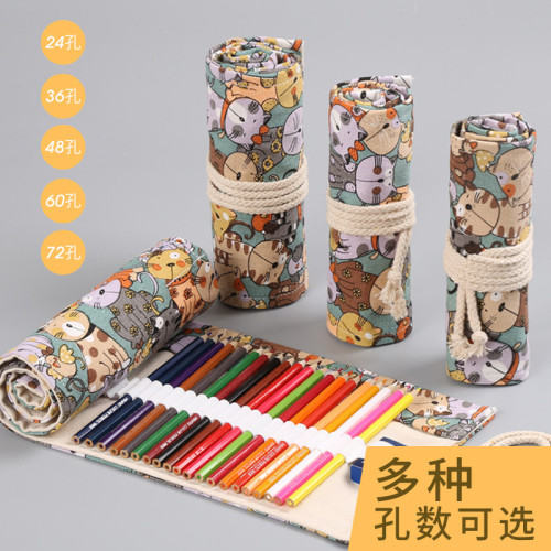 大容量筆袋文具批髮卡通彩鉛加粗48孔72帆布筆簾學生鉛筆收納筆包