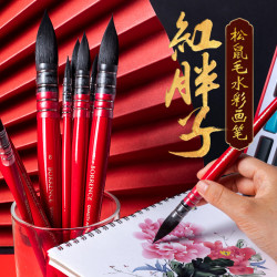 紅胖子水彩筆批髮跨境學生松鼠毛用品毛筆尖拖把水彩圓頭畫筆套裝