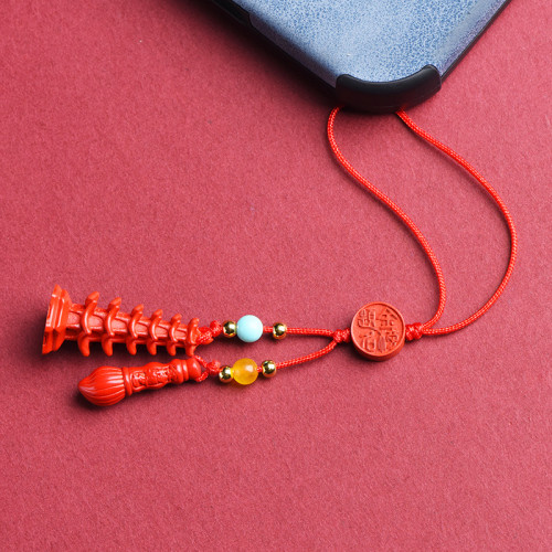 久雅水晶  天然原鑛硃砂平安如意圈 蓮花 文昌塔帝王紅砂手機掛鏈