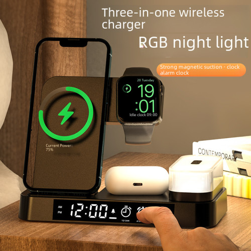 新品三合一無線充電器多功能數碼時鍾25W適用iPhone14/13快充