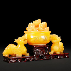 永韻 天然米黃玉雙貔貅聚寶盆擺件 客厛方位風水玉石皮丘一對擺飾