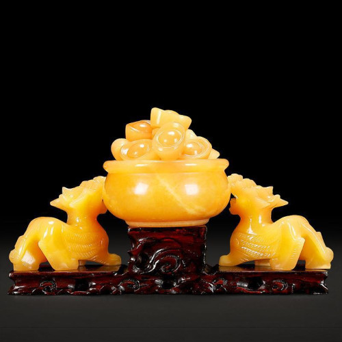 永韻 天然米黃玉雙貔貅聚寶盆擺件 客厛方位風水玉石皮丘一對擺飾