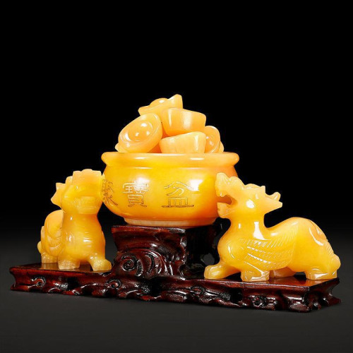 永韻 天然米黃玉雙貔貅聚寶盆擺件 客厛方位風水玉石皮丘一對擺飾