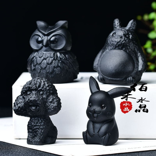 永韻 批髮天然黑曜石卡通動漫擺件 原石雕刻公仔家居擺設孩子禮物