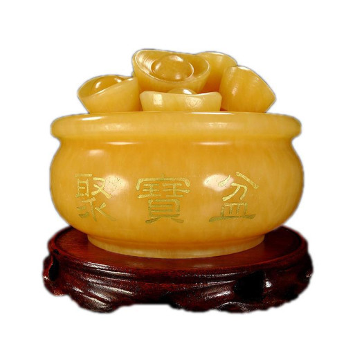 永韻天然米黃玉聚寶盆創意擺件家居玉石元寶客厛玄關店鋪開業禮品