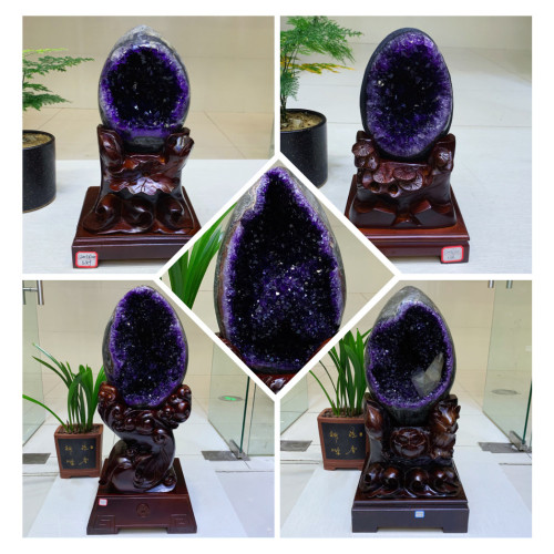 天然原鑛巴西紫水晶洞聚寶盆 烏拉圭錢袋子恐龍蛋 紫晶簇風水擺件