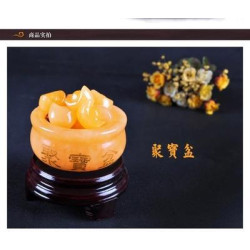 九星轉動黃玉聚寶盆擺件德明敬制德明堂黃晶金a元寶催財貔貅聚寶