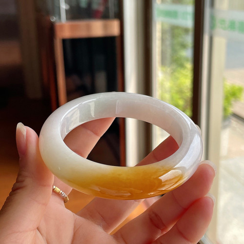 緬甸老坑翡翠玉手鐲冰種黃翡翠圓條正圈水潤黃翡玉鐲子少女送禮物