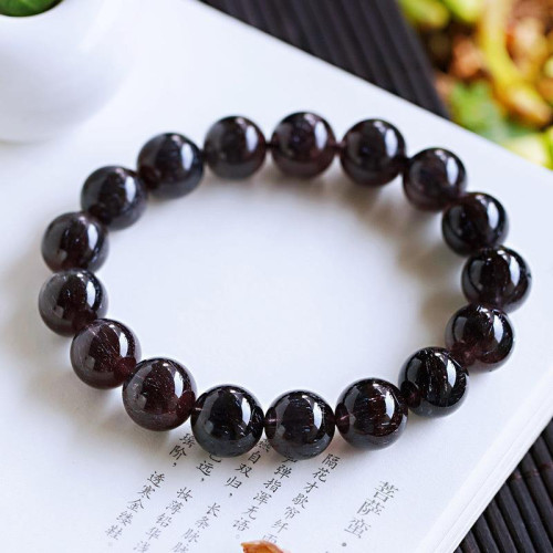 永韻 天然黑加侖黑超七紫髮晶手鏈 超七三輪骨乾紫髮晶菸花晶手串