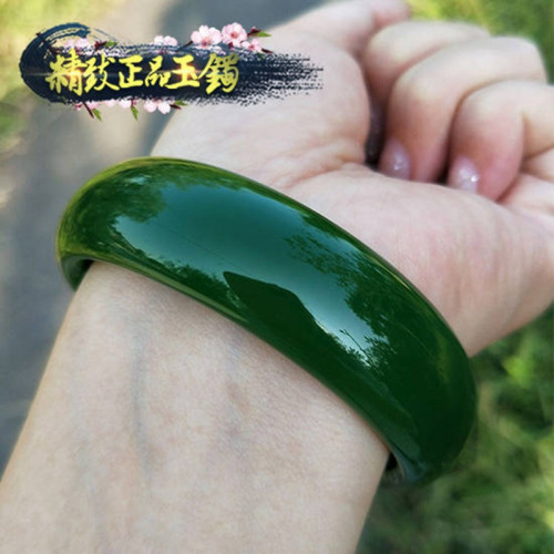 【小額批髮】新疆A貨和田玉碧玉手鐲 女款菠菜綠加寬加厚玉鐲真玉