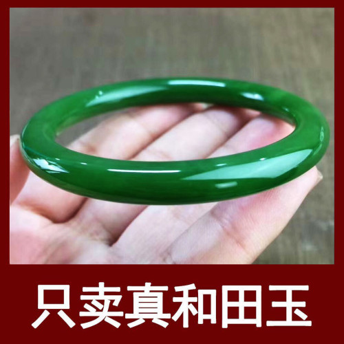 天然新疆和田碧玉菠菜綠圓條少女款鐲子玉石細條玉手鐲帶証書