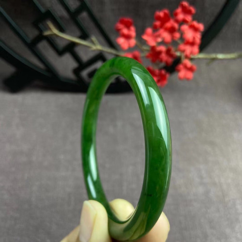 天然俄料和田玉菠菜綠碧玉圓條手鐲玉鐲各種圈口少女款帶証書