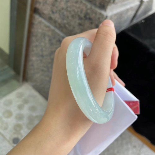 冰種翡翠手鐲少女款緬甸老坑正圈圓條貴妃平安鐲冰透淺綠玉鐲子女