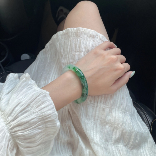 翡翠手鐲珠寶飄花辣綠色冰種底天然a貨小細條胖圓紫羅蘭貴氣女款