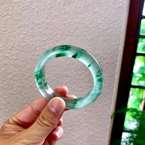 翡翠玉手鐲冰種糯種飄花圓條天然緬甸翡翠手鐲細條貴妃鐲手鐲少女