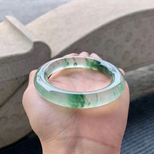 珠寶紫羅蘭陽綠飄花圓條翡翠手鐲老坑種春彩少女款翡翠玉手鐲送禮