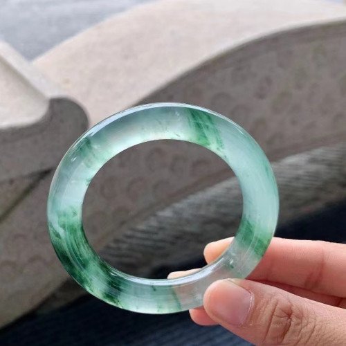 珠寶紫羅蘭陽綠飄花圓條翡翠手鐲老坑種春彩少女款翡翠玉手鐲送禮