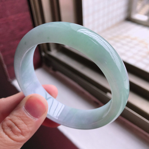 飄綠色花春彩紫羅蘭底手環手鐲子天然翡翠A貨55圈口正品好種水潤