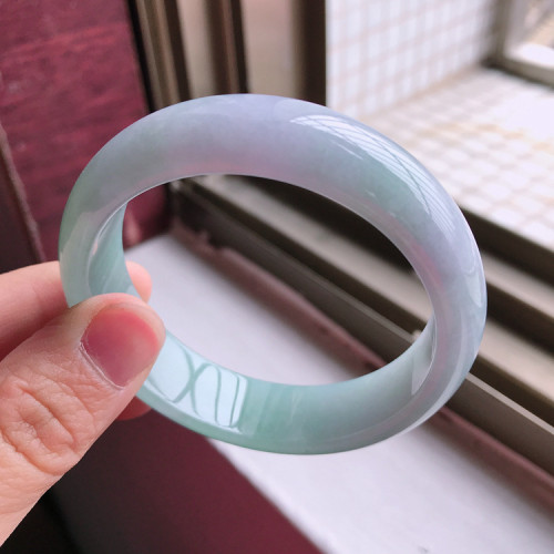 飄綠色花春彩紫羅蘭底手環手鐲子天然翡翠A貨55圈口正品好種水潤