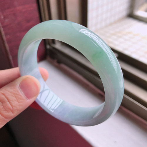 飄綠色花春彩紫羅蘭底手環手鐲子天然翡翠A貨55圈口正品好種水潤