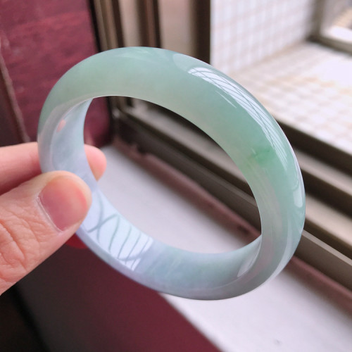 飄綠色花春彩紫羅蘭底手環手鐲子天然翡翠A貨55圈口正品好種水潤