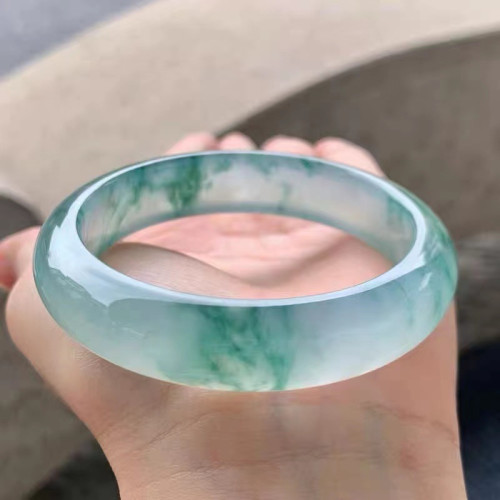 緬甸純天然翡翠手鐲冰種飄綠花油青通透細條寬版正圈貴妃天然玉鐲