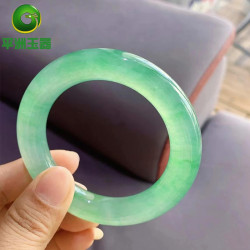 玉器珠寶翡翠手鐲天然A貨圓條起膠感陽綠翡翠玉手鐲滿綠飄花女款