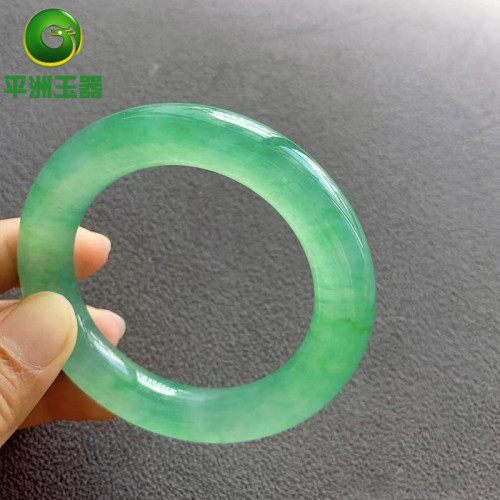 玉器珠寶翡翠手鐲天然A貨圓條起膠感陽綠翡翠玉手鐲滿綠飄花女款