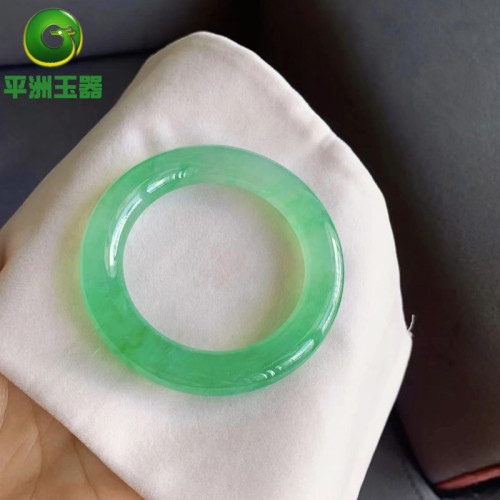 玉器珠寶翡翠手鐲天然A貨圓條起膠感陽綠翡翠玉手鐲滿綠飄花女款