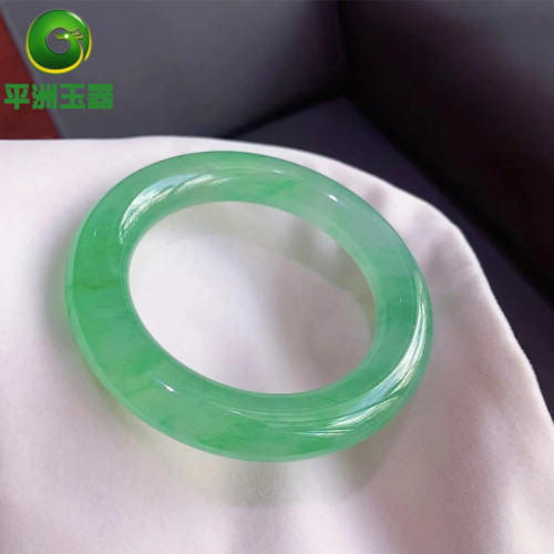 玉器珠寶翡翠手鐲天然A貨圓條起膠感陽綠翡翠玉手鐲滿綠飄花女款