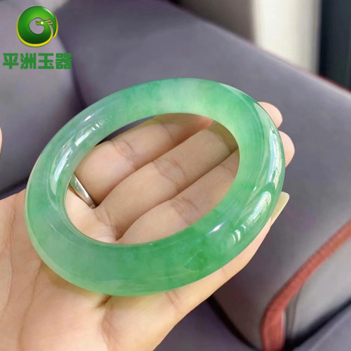 玉器珠寶翡翠手鐲天然A貨圓條起膠感陽綠翡翠玉手鐲滿綠飄花女款