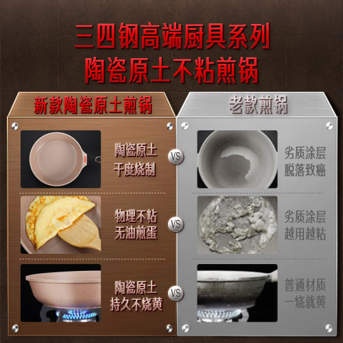 三四鋼 不沾煎鍋煎蛋牛排麥飯石鍋 平底鍋陶瓷可立鍋蓋家用煎炒鍋