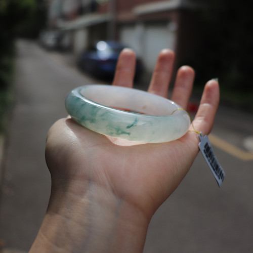 天然緬甸翡翠手鐲質地細膩冰糯種藍花翡翠玉手鐲女款玉石中寬手鐲