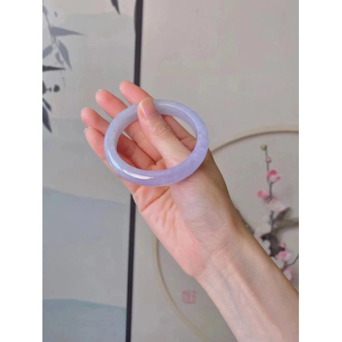 天然緬甸翡翠冰種手鐲女粉紫玉石貴妃飄花圓條玉鐲冰糯種玉手鐲子