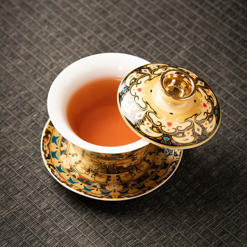 琺瑯彩可旋轉懸停三才蓋碗中式功夫家用泡茶描金帶蓋羊脂玉瓷茶碗