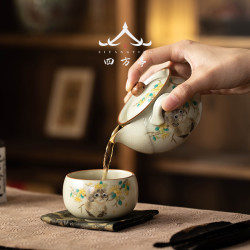 汝窰貓咪手抓壺茶壺單壺防燙蓋碗陶瓷泡茶家用女士精致一人茶具