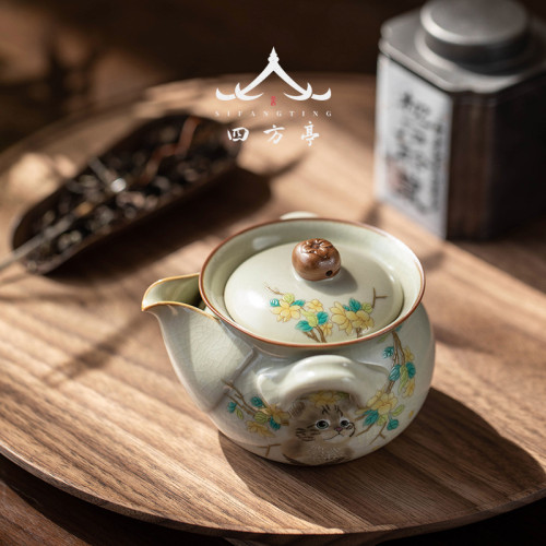 汝窰貓咪手抓壺茶壺單壺防燙蓋碗陶瓷泡茶家用女士精致一人茶具
