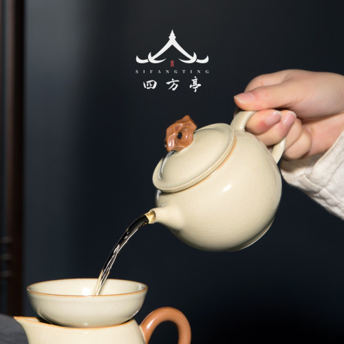 唐俊 景德鎮汝窰大號茶壺陶瓷單壺泡茶純手工茶具汝瓷家用套裝
