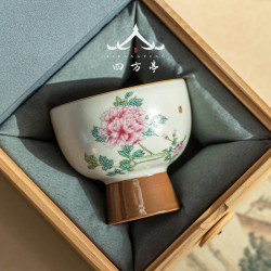米黃高檔汝窰茶盃女士牡丹花個人專用盃子品茗盃功夫茶具主人盃